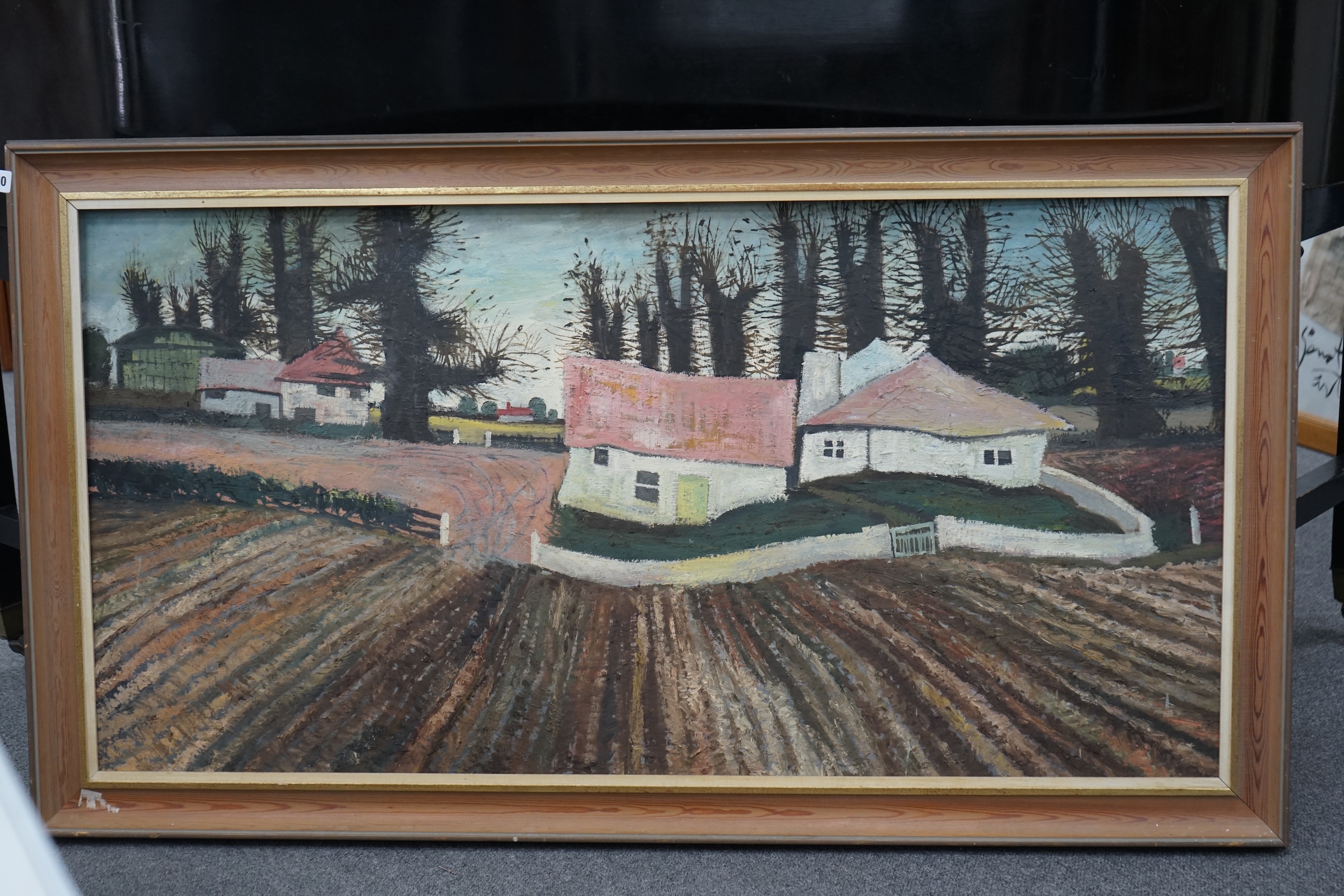 Impasto oil on board, Rural landscape with farm buildings and cottages, unsigned, 59 x 118cm. Condition - fair